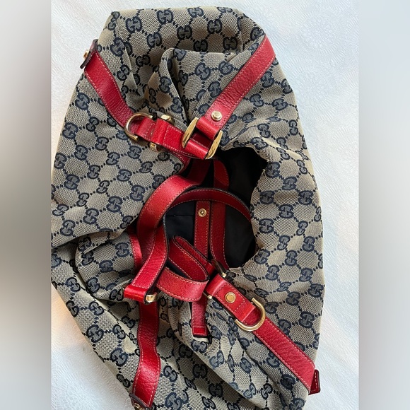 Gucci Red Leather Trim Monogram Bag - Picture 2 of 12